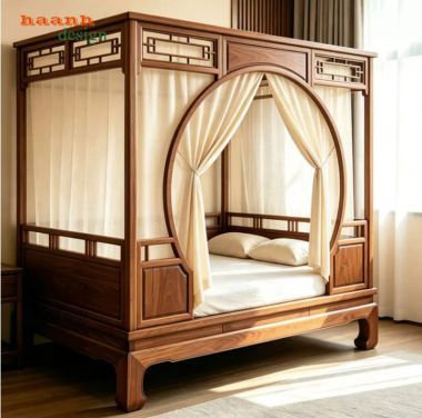 Giường la hán giả cổ cửa vòm tròn có rèm - SBT 018