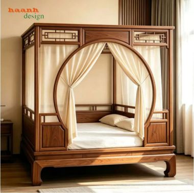 Giường la hán giả cổ cửa vòm tròn có rèm - SBT 018