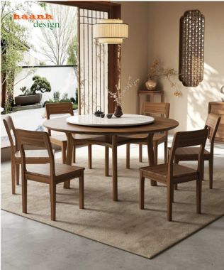 Bộ bàn ăn tròn gỗ tự nhiên có mâm xoay hiện đại - BGA 013