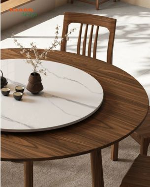 Bộ bàn ăn tròn gỗ tự nhiên có mâm xoay hiện đại - BGA 013