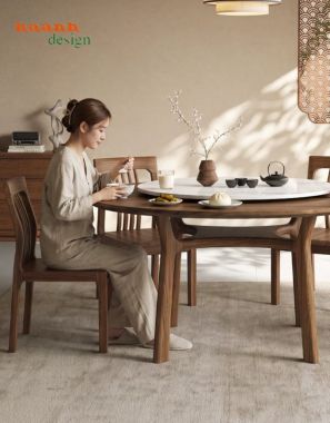 Bộ bàn ăn tròn gỗ tự nhiên có mâm xoay hiện đại - BGA 013
