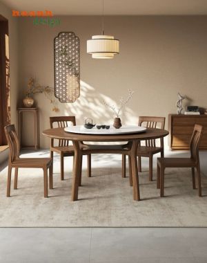 Bộ bàn ăn tròn gỗ tự nhiên có mâm xoay hiện đại - BGA 013