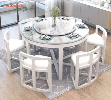 Bàn ăn tròn mở rộng màu trắng kèm ghế bo cong - BGA 016