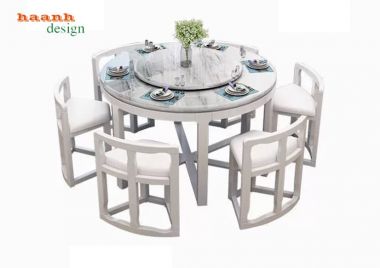 Bàn ăn tròn mở rộng màu trắng kèm ghế bo cong - BGA 016