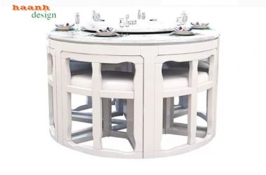 Bàn ăn tròn mở rộng màu trắng kèm ghế bo cong - BGA 016