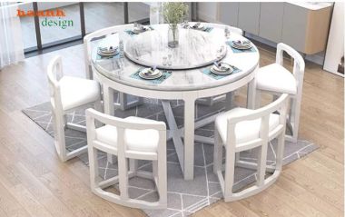Bàn ăn tròn mở rộng màu trắng kèm ghế bo cong - BGA 016