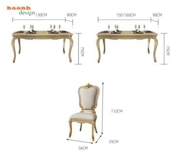 Bàn ăn tân cổ điển 6 ghế màu kem viền vàng - BAC 012