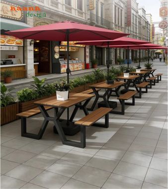 Bàn ghế chân sắt mặt gỗ teak – Giải pháp ngoại thất bền đẹp-NTG 025