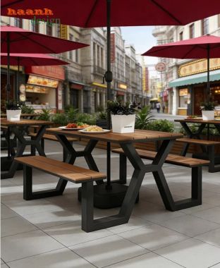 Bàn ghế chân sắt mặt gỗ teak – Giải pháp ngoại thất bền đẹp-NTG 025