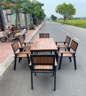 Bàn ghế chân sắt mặt gỗ teak tự nhiên NTG002