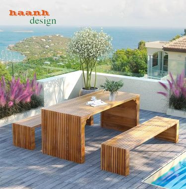 Bàn ghế ngoài trời gỗ Teak tự nhiên đơn giản bền lâu. BGT 012