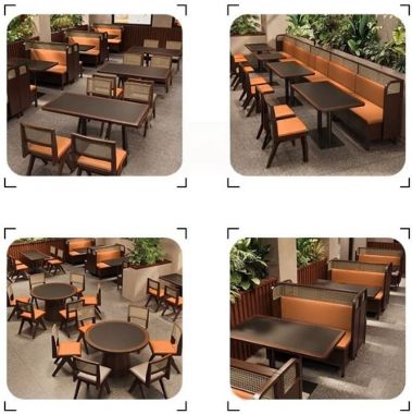 Bàn ghế ăn nhà hàng gỗ hiện đại phối đệm cam - BNH 013