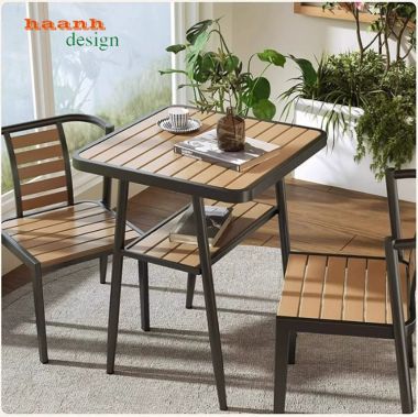 Bộ Bàn Ghế Sắt Ngoài Trời Kết Hợp Gỗ Nhựa Hiện Đại-BGS 006