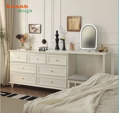 Bàn trang điểm tân cổ điển màu trắng nhiều ngăn - BTA 018