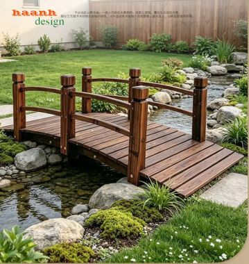 Cầu gỗ ngoài trời dáng cong lan can hai bên - CGN 014