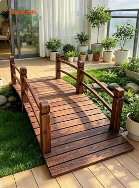 Cầu gỗ ngoài trời dáng cong lan can hai bên - CGN 014