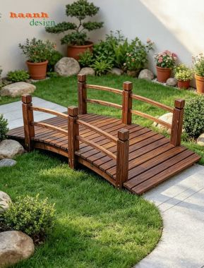 Cầu gỗ ngoài trời dáng cong lan can hai bên - CGN 014
