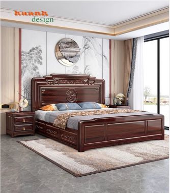 Giường gỗ tự nhiên giả cổ phong cách châu á GNC 006