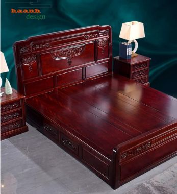 Giường ngủ gỗ tự nhiên giả cổ chạm hoa văn - GNC 016