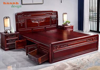 Giường ngủ gỗ tự nhiên giả cổ chạm hoa văn - GNC 016