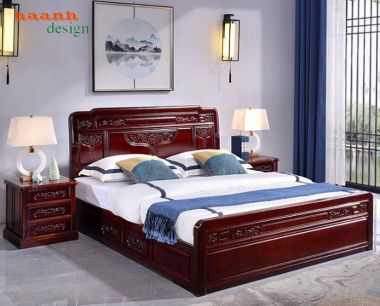 Giường ngủ gỗ tự nhiên giả cổ chạm hoa văn - GNC 016