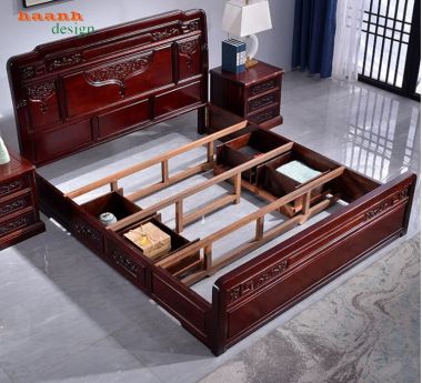 Giường ngủ gỗ tự nhiên giả cổ chạm hoa văn - GNC 016