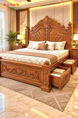 Giường ngủ gỗ tân cổ điển chạm khắc hoa văn - GGC 018