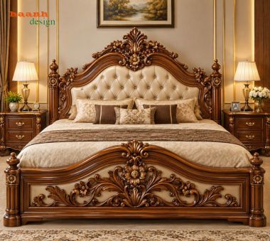 Giường ngủ gỗ tân cổ điển chạm khắc hoa văn - GGC 018