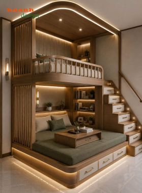 Giường tầng trẻ em gỗ tự nhiên có cầu thang ngăn kéo - GTE 018