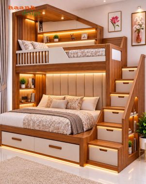 Giường tầng trẻ em gỗ tự nhiên có cầu thang ngăn kéo - GTE 018