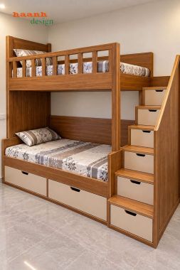 Giường tầng trẻ em gỗ tự nhiên có cầu thang ngăn kéo - GTE 018