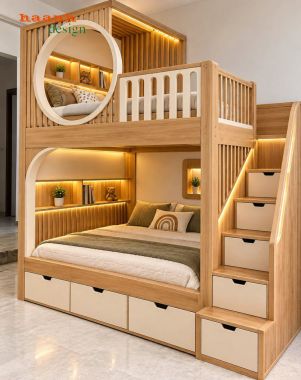 Giường tầng trẻ em gỗ tự nhiên có cầu thang ngăn kéo - GTE 018
