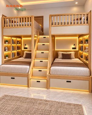 Giường tầng trẻ em gỗ tự nhiên có cầu thang ngăn kéo - GTE 018