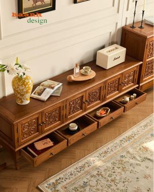 Kệ tivi tân cổ điển gỗ tự nhiên cao cấp phong cách Mỹ-KTD 010