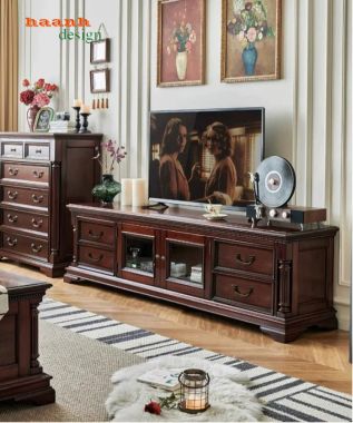 Kệ tivi tân cổ điển 4 ngăn kéo 2 cánh kính - KTD 014