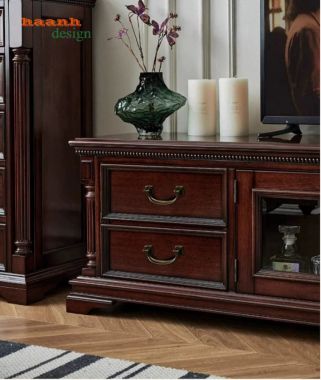 Kệ tivi tân cổ điển 4 ngăn kéo 2 cánh kính - KTD 014