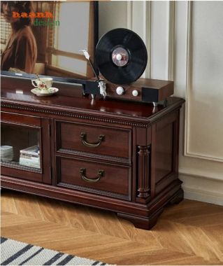 Kệ tivi tân cổ điển 4 ngăn kéo 2 cánh kính - KTD 014