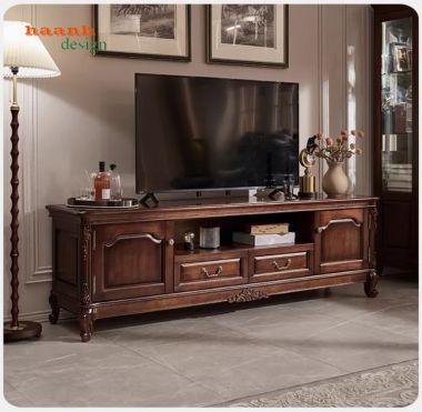 Mẫu kệ tivi gỗ đẹp gỗ gụ tự nhiên cao cấp kiểu dáng Mỹ-KTD 009