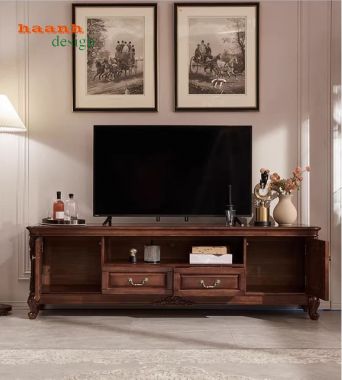 Mẫu kệ tivi gỗ đẹp gỗ gụ tự nhiên cao cấp kiểu dáng Mỹ-KTD 009