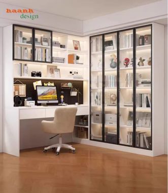 Bàn làm việc gỗ hiện đại kết hợp tủ sách cánh kính cao cấp-TSH 004