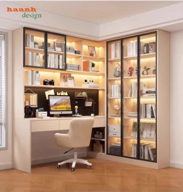 Bàn làm việc gỗ hiện đại kết hợp tủ sách cánh kính cao cấp-TSH 004