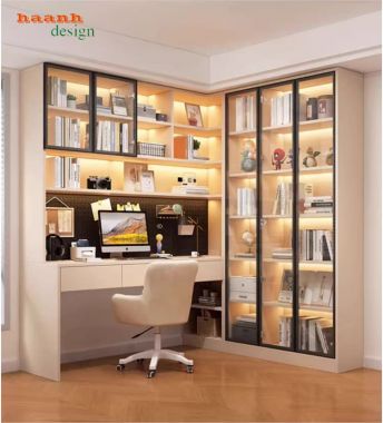 Bàn làm việc gỗ hiện đại kết hợp tủ sách cánh kính cao cấp-TSH 004