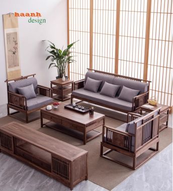 Sofa phòng khách gỗ óc chó tự nhiên phong cách Á đông BGC 003