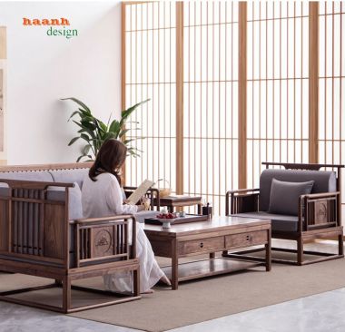 Sofa phòng khách gỗ óc chó tự nhiên phong cách Á đông BGC 003