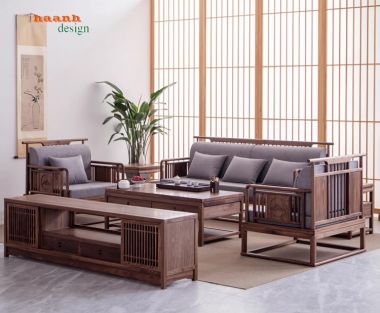 Sofa phòng khách gỗ óc chó tự nhiên phong cách Á đông BGC 003