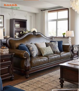 Sofa tân cổ điển màu nâu với tựa cong, tay cuộn - SFC 012