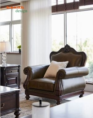 Sofa tân cổ điển màu nâu với tựa cong, tay cuộn - SFC 012