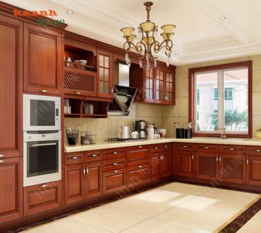 Mẫu tủ bếp gỗ tự nhiên hiện đại cho gia đình Việt-TBH 005