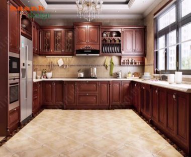 Mẫu tủ bếp gỗ tự nhiên hiện đại cho gia đình Việt-TBH 005