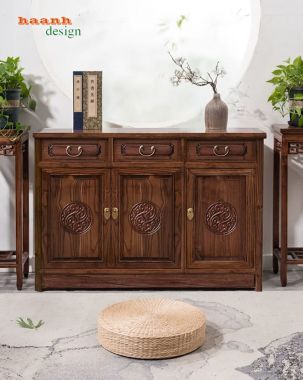 Tủ giày dép gỗ tự nhiên giả cổ chạm họa tiết - TGG 006